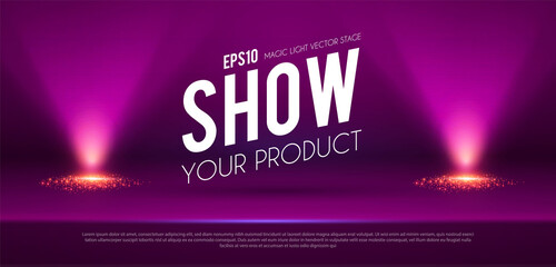 Show podium with spotlights. Presentation light effect. Illuminated winner place.