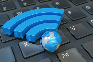 Sign wifi icon on laptop keyboard - wireless internet connection symbol 3d illustration