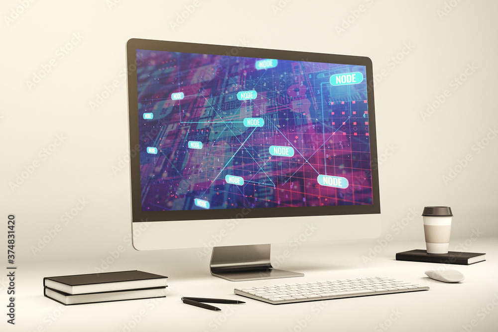 Aufkleber Abstract creative coding illustration on modern computer monitor, software development concept. 3D Rendering