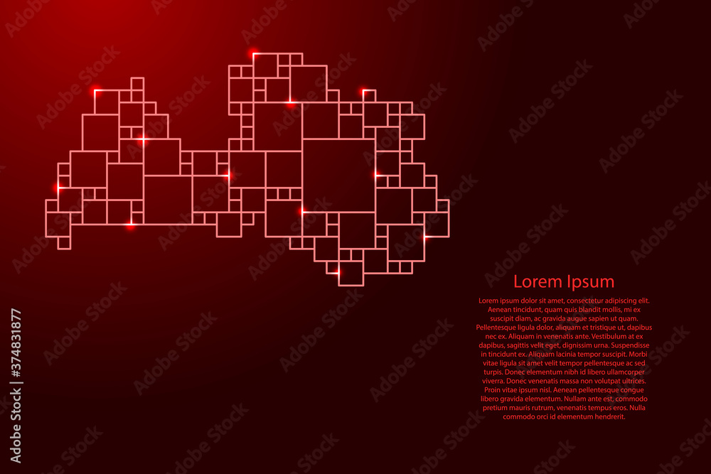 Poster latvia map from red pattern from a grid of squares of different sizes and glowing space stars. vecto