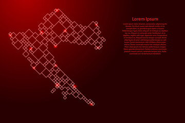 Croatia map from red pattern from a grid of squares of different sizes and glowing space stars. Vector illustration.