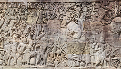Fototapeta na wymiar Wall carving of Prasat Bayon Temple, Angkor Wat, Siem Reap, Cambodia