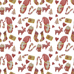 Seamless pattern with decorative New Year sweets and fairy gnome and deer. Christmas gingerbread and caramel stick, cup with foam and a gift on a white background. for festive design decor. Watercolor