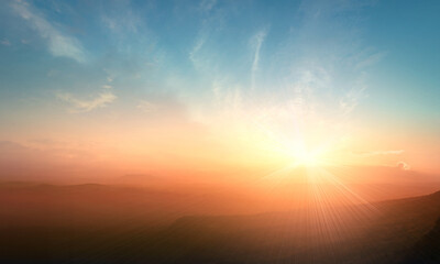 Backgrounds of inspire concept: Top of blue and orange mountain with sunshine sky sunset landscape....