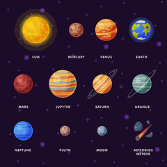 Solar System Planets, Earth, Saturn, Mercury, Venus, Earth, Mars, Jupiter, Saturn, Uranus, Neptune, Pluto, Moon Vector Illustration