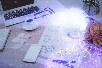 Computer on desktop with AR theme icon. Multi exposure. Concept of augmented reality.