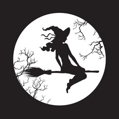 Silhouette of beautiful witch girl on a broom in front of the full moon in profile isolated hand drawn vector illustration