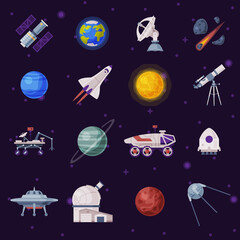 Space Objects Set, Cosmos Exploration, Space Industry Concept, Rocket, Rover, Artificial Satellite, Ufo, Planets Vector Illustration © topvectors