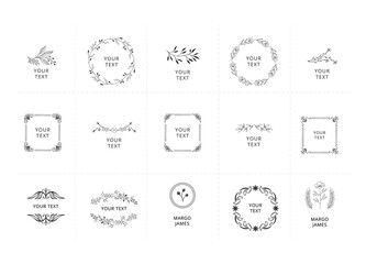 Set of hand drawn elegant branding with floral elements. Wreaths and frames for nature design. Vector isolated. - 374834403