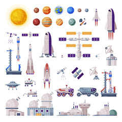 Space Objects Collection, Rocket, Shuttle, Rover, Artificial Satellite, Observatory, Spaceport, Space Industry Concept Vector Illustration © topvectors
