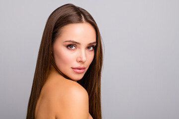 Close up photo of charming lovely girl have ideal perfect skin she get from skincare bodycare spa salon treatment look good isolated over grey color background