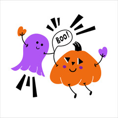 Vector illustration depicting a pumpkin and ghosts holding hands. With hearts in hands and an inscription boo