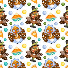 Thanksgiving day seamless pattern. Cute cartoon pilgrim turkey and pumpkin pie seamless pattern.
