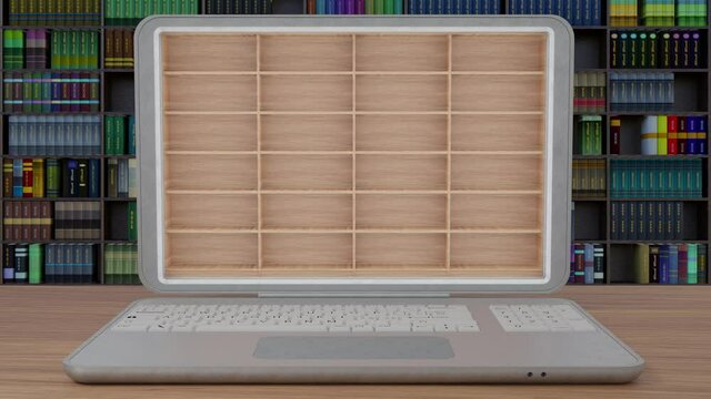 Libreria, con tanti libri, all'interno di computer portatile. Ebook, libri elettronici, in download disponibili su dispositivo informatico portatile..