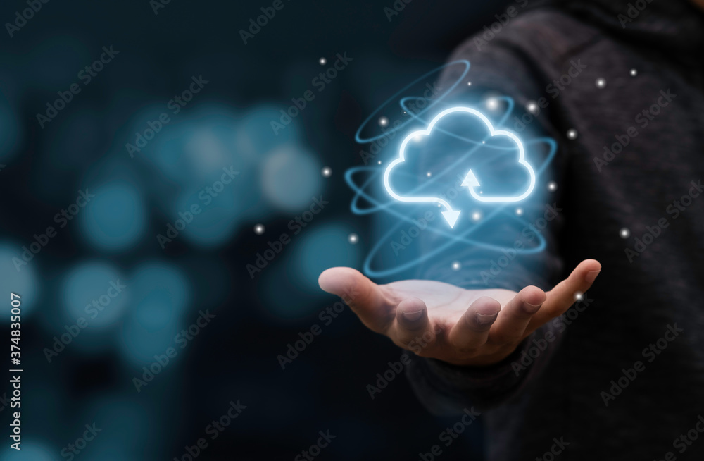 Poster businessman holding virtual cloud computing to transfer data information and upload download applica
