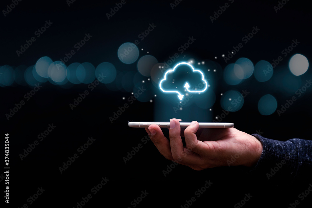 Poster businessman holding mobile phone with virtual cloud computing to transfer data information and uploa