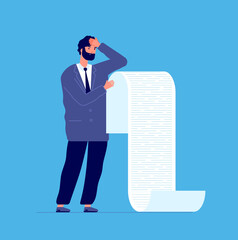 Man holding long list. Businessman debt scroll, manager reading reporting bank or lawyer. Male with bankruptcy paper letter vector concept. Businessman with paper holding report illustration