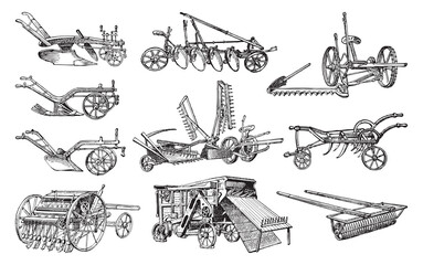 Old plough and agriculture machinery collection - vintage engraved vector illustration from Larousse du xxe siècle - obrazy, fototapety, plakaty