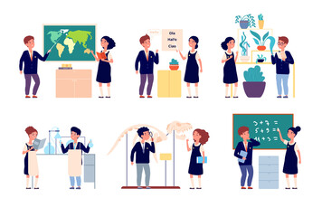 Kids school lesson. Children study, boy girl in uniform. Happy smart students, cartoon chemistry experiment, geography studying vector set. Chemistry and botany, language and geography illustration
