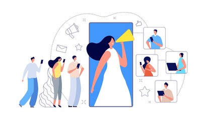 Referral marketing. Refer friend, internet influence customer group. Creative loyalty program, phone client invitation vector illustration. Program marketing, mobile promo metaphor