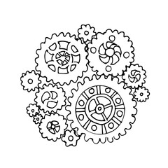 Steampunk gear collection. Vintage transmission cogwheels and gears. Can be used for industrial, technical, mechanical and steampunk design. Hand-drawn. Coloring page for children and adults.