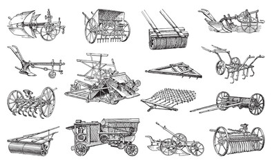 Old plough and agriculture machinery collection - vintage engraved vector illustration from Larousse du xxe siècle - 374835677