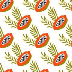 Half papaya and palm leaves isolated on a white background. Vector seamless pattern with exotic fruit. Tropical fruits background. Flat design for textile, wrapping paper, wallpaper.