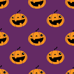 Obraz premium Cartoon smiling pumpkins isolated on a purple background. Vector seamless pattern. Halloween backdrop. Flat illustration for textile, wrapping paper, wallpaper, web design.