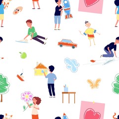 Kids drawing. Young painters, children kindergarten activity. Flat boy girl painting animal ship plane nature pictures vector seamless pattern. Illustration painter drawing, young kid, paint artist