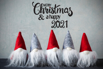Five Santa Claus With Hat. Concrete Background With English Calligraphy Merry Christmas And A Happy...
