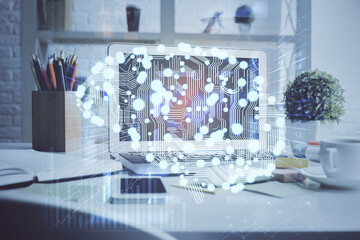 Double exposure of work space with computer and human brain drawing hologram. Brainstorm concept.