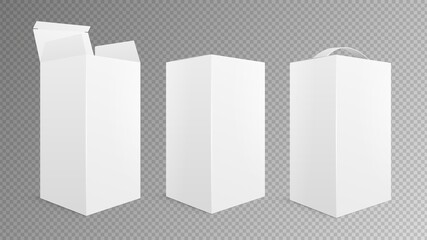 Realistic box mockup. Open closed package, take away pack with handle. Isolated white empty cardboard 3d boxes vector illustration. Empty blank realistic, package paper, product packaging