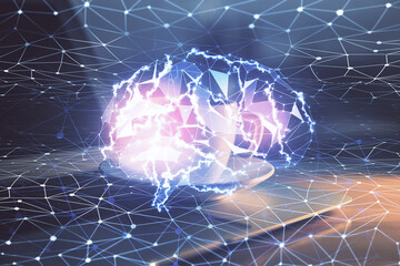 Double exposure of work space with computer and human brain drawing hologram. Brainstorm concept.