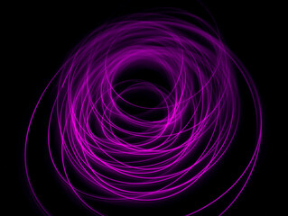 Light wave trail path, vibrant neon color in abstract swirls on a black background. Light painting