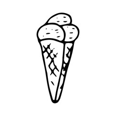 ice cream in a waffle cone hand drawn in doodle style. single element for design sticker, poster, card, icon. vector, scandinavian, hygge, monochrome. food, dessert