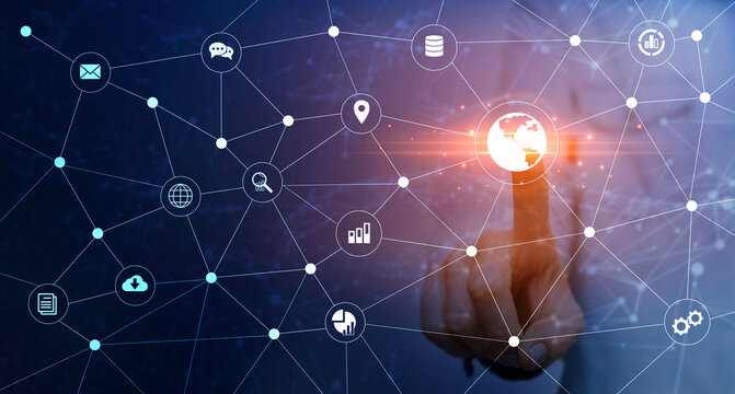 Information Communication Technology. Female Pushing Button On Virtual Screen With Digital Icons