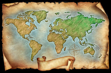 Vintage world map illustration on black background