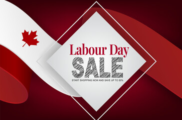 Fototapeta premium Labour Day sale banner. Canadian waving ribbon flag background. Canada national workers holiday concept. Vector illustration.