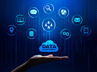 Data Management Infographic System With Different Multimedia Icons Over Male Hand