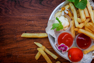Potato cheese stick / long potato cheese with sauce on wooden