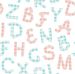 Letters pink, checkered, English alphabet, seamless pattern, white. Capital letters in pink and blue checkered on a white field. Vector.  
