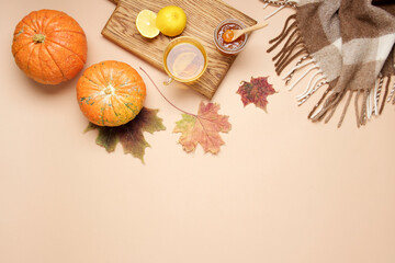 Hot tea with lemon, blanket and books. Autumn cozy concept