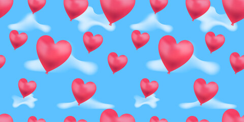 Vector Seamless Pattern with Heart Balloons and Clouds, Bright Colorful Background Template, Wedding and Valentines Day.