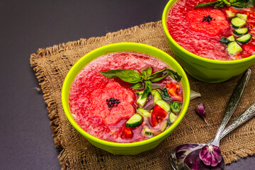 Watermelon gazpacho, traditional Spanish summer cold soup