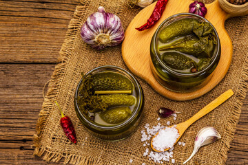 Marinated pickled cucumbers with spices and herbs