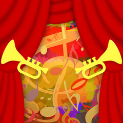 Bright festive performance stage with red curtains, loud trumpets and music notes on background