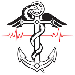 Medical sign. Color vector illustration. Medical cross and a snake. The red line of the pulse. Isolated on a white background and an anchor.