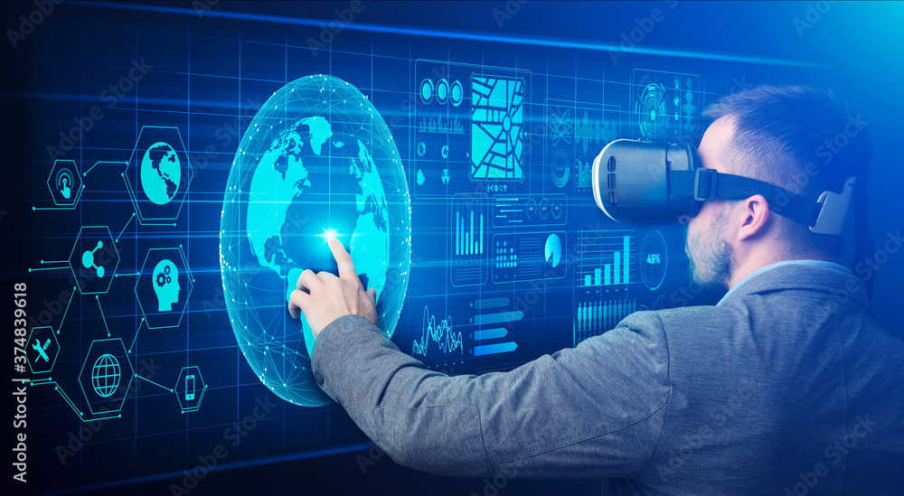 Poster Modern Technologies In Business. Man touching virtual screen with global network icons