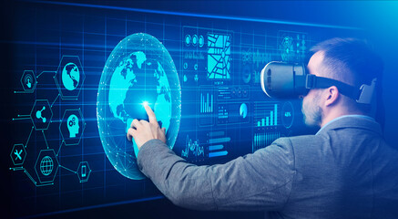 Modern Technologies In Business. Man touching virtual screen with global network icons