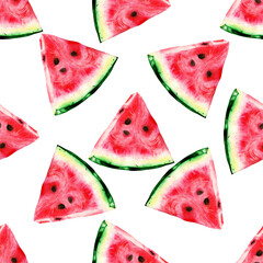 Watermelon slice. Watercolor on paper. Illustration. Hand made. Wall art print. Realistic professional fine art. High quality. Colorful image. Summer vibes. Healthy tropical food. Seamless pattern.